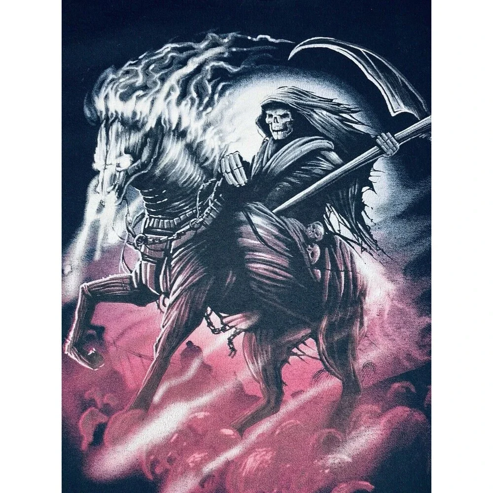 Grim Reaper Shirt Men’s Medium Skull Black Y2K Horse Graphic Print T-Shirt Heavy